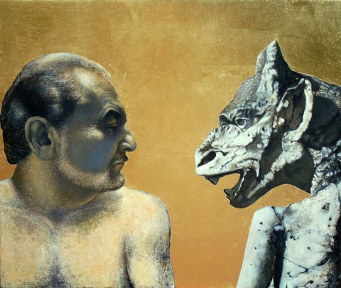 Autoritratto Con Gargouille (acrilico su tela incamottata con fondo oro cm 58x68)