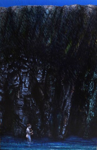 Madre E Figlio Sotto La Parete Rocciosa (acrilico su tavola cm 24x37)