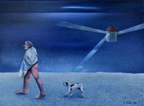 Notturno Uomo E Cane Sulla Spiaggia Alla Luce Del Faro (acrilico su rame cm 27x37)